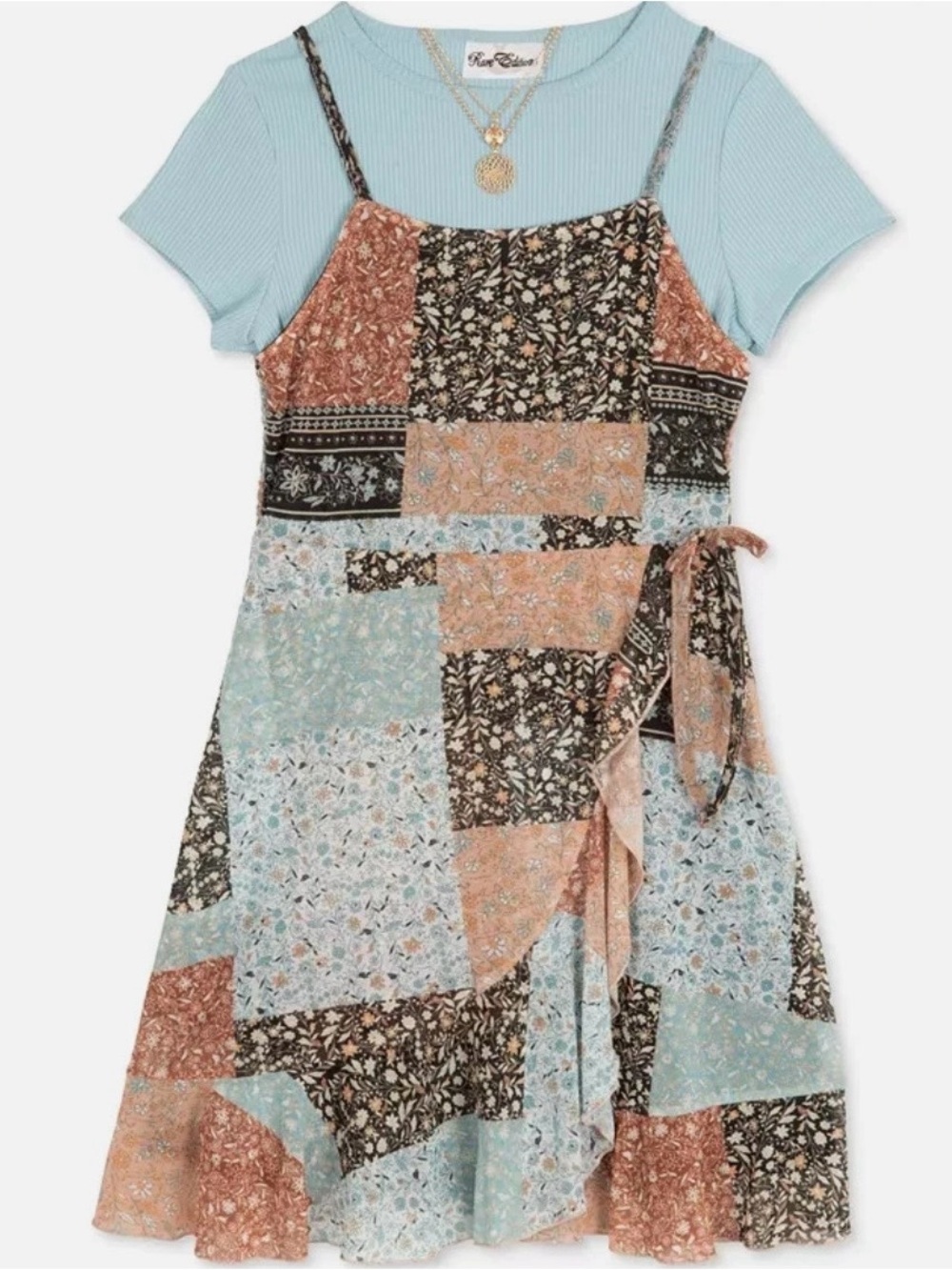 Rare Editions Patchwork Floral Mini Dress in Teal and Brown and Necklace Set